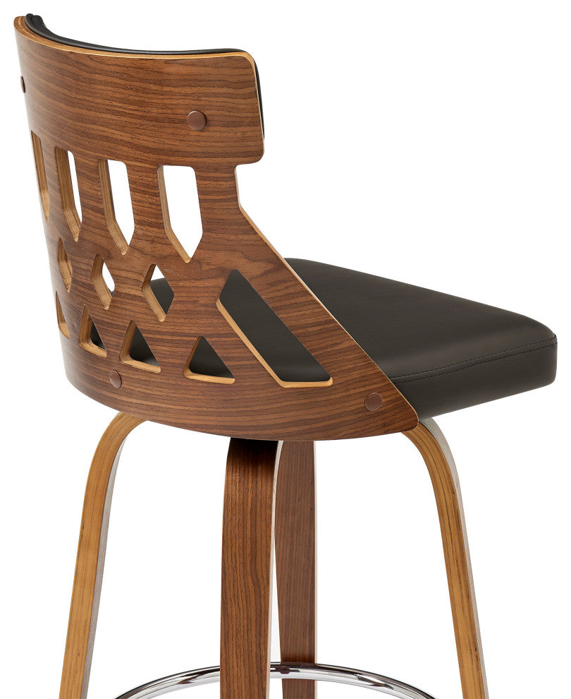 26" Cream Faux Leather Curved Back Walnut Wood Swivel Bar Stool