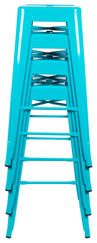 30" Metal Indoor Bar Stool, Stackable Set of 4, Teal