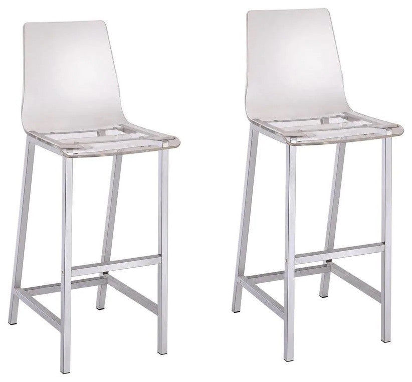 Set of 2 Bar Stools, Chrome and Clear