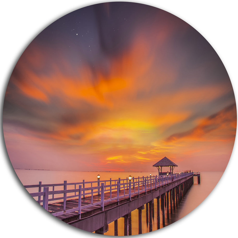 Seashore With Long Wooden Pier, Seascape Round Metal Wall Art, 23"