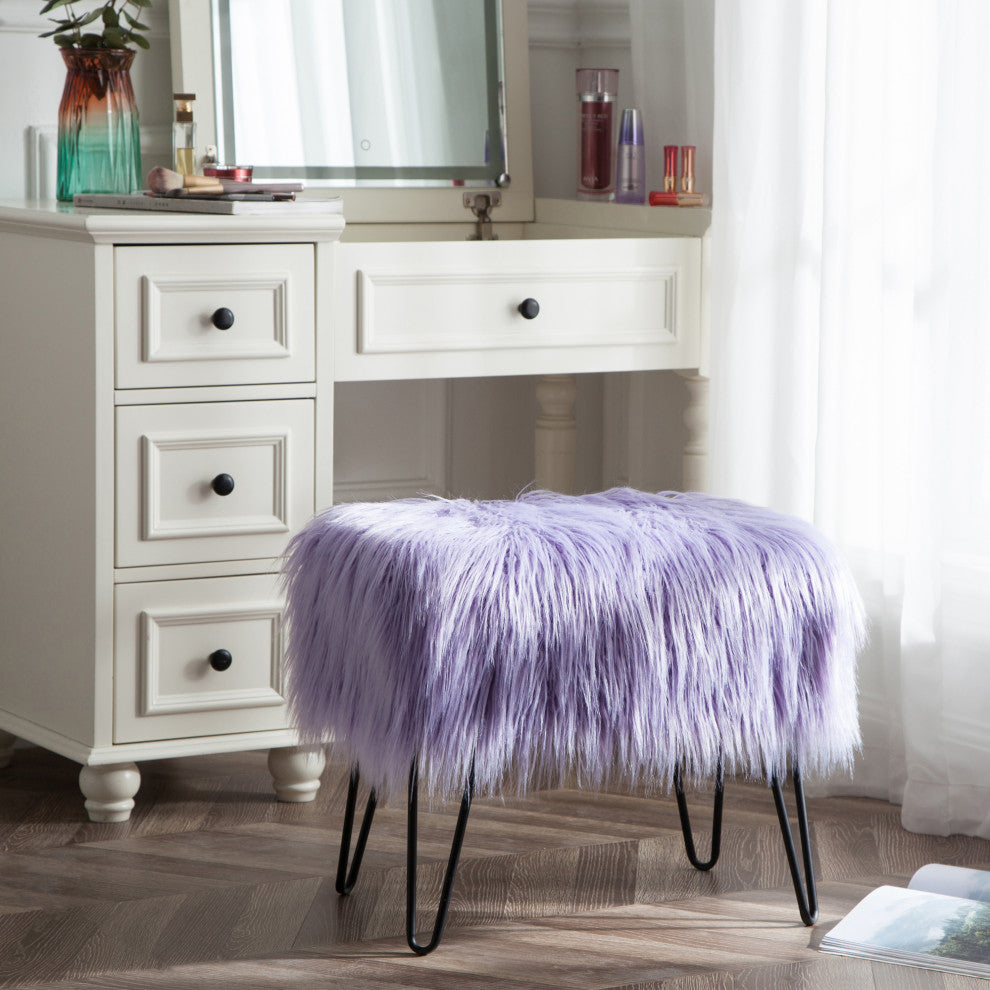 Mongolian Fur Ottoman, Lavender, 19''x13''x17''