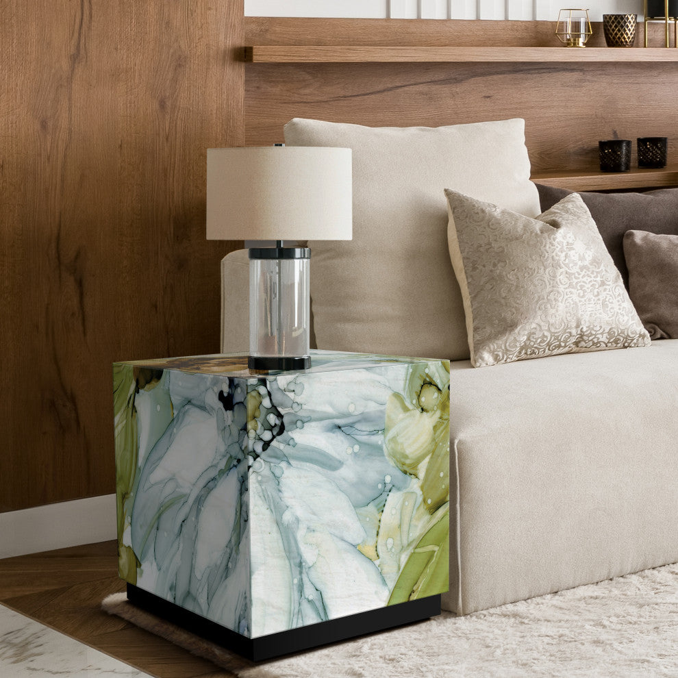 "Seaglass Garden I" Reverse Printed Art Glass Side Table with Black Plinth Base