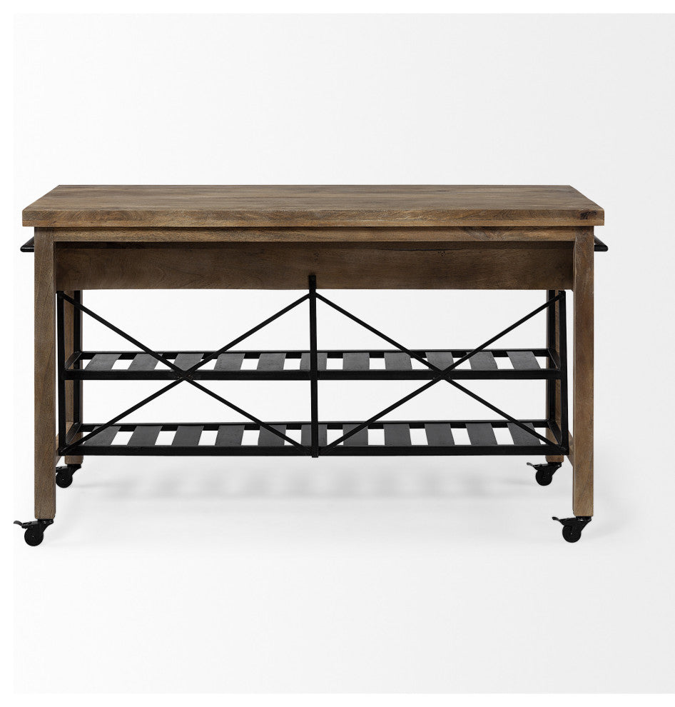 Brown Solid Wood Top Kitchen Island With Two Tier Black Metal Rolling