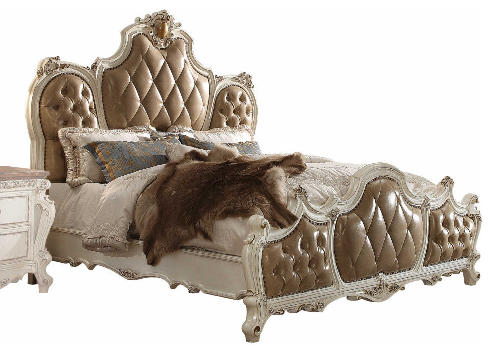 Queen Tufted Beige Upholstered Faux Leather Bed With Nailhead Trim
