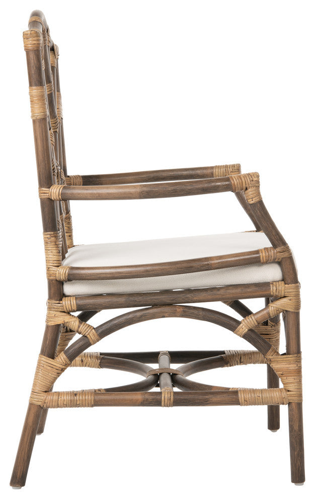 Rattan Chippendale Upholstered Dining Armchairs, Antique Brown, Set of 2