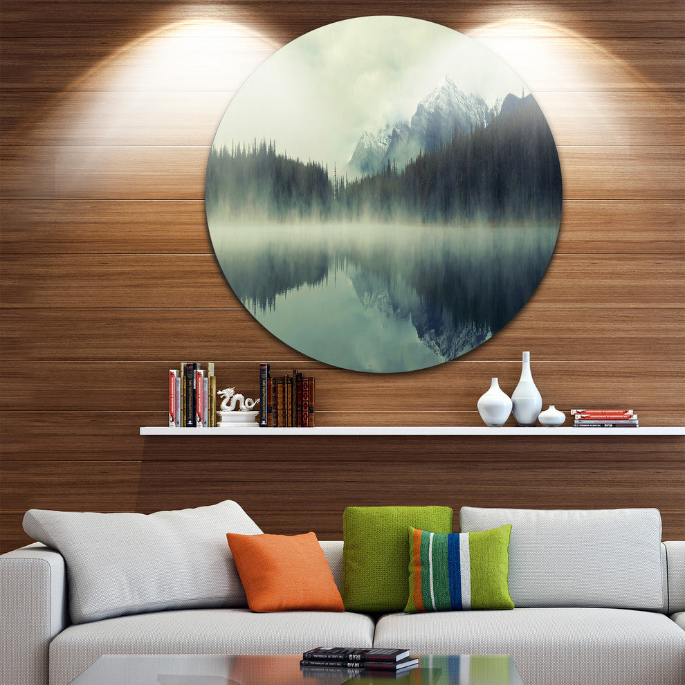 Lake Herbert In Foggy Morning, Modern Seascape Disc Metal Wall Art, 23"
