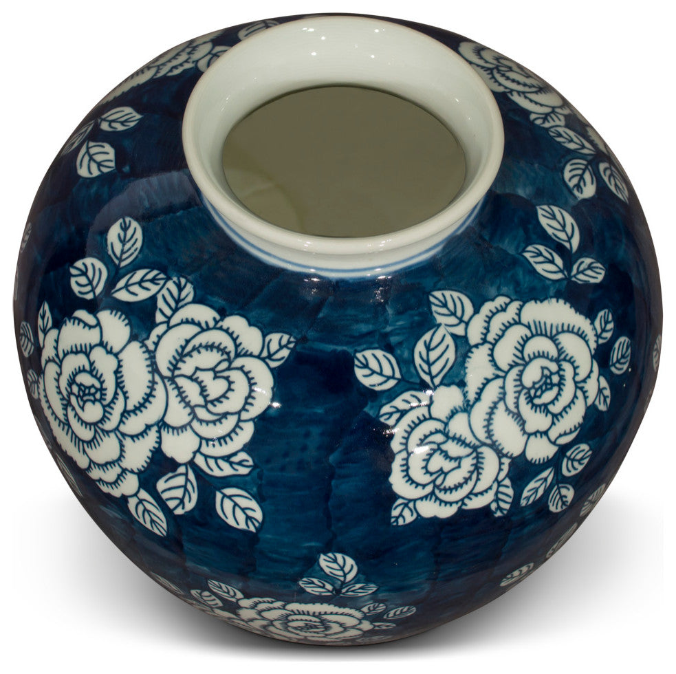 Blue and White Peony Flower Design Chinese Porcelain Jar