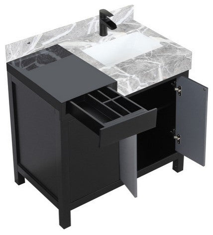 Zilara 36" Black and Grey Vanity, Cascata Nera Matte Black Faucet Set