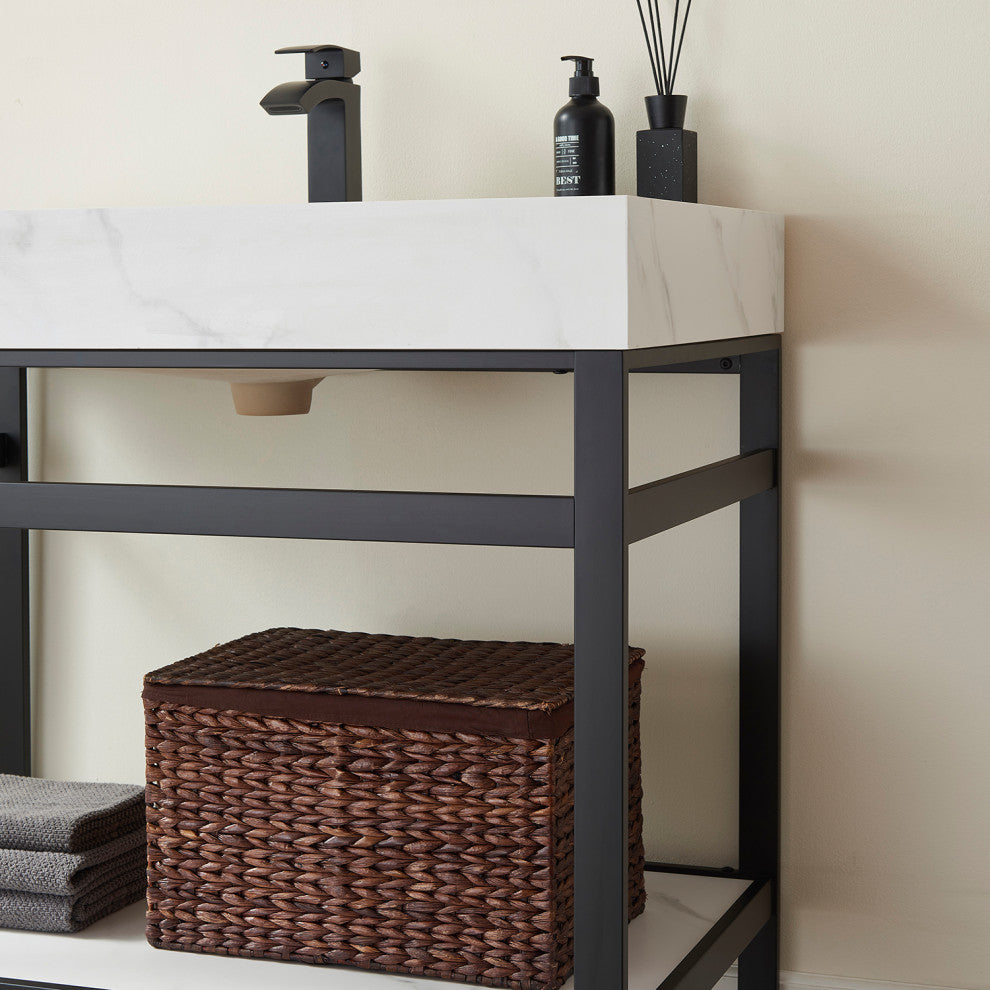 Funes Bath Vanity with Mirror, Matte Black Support, 36'''', White Stone Top