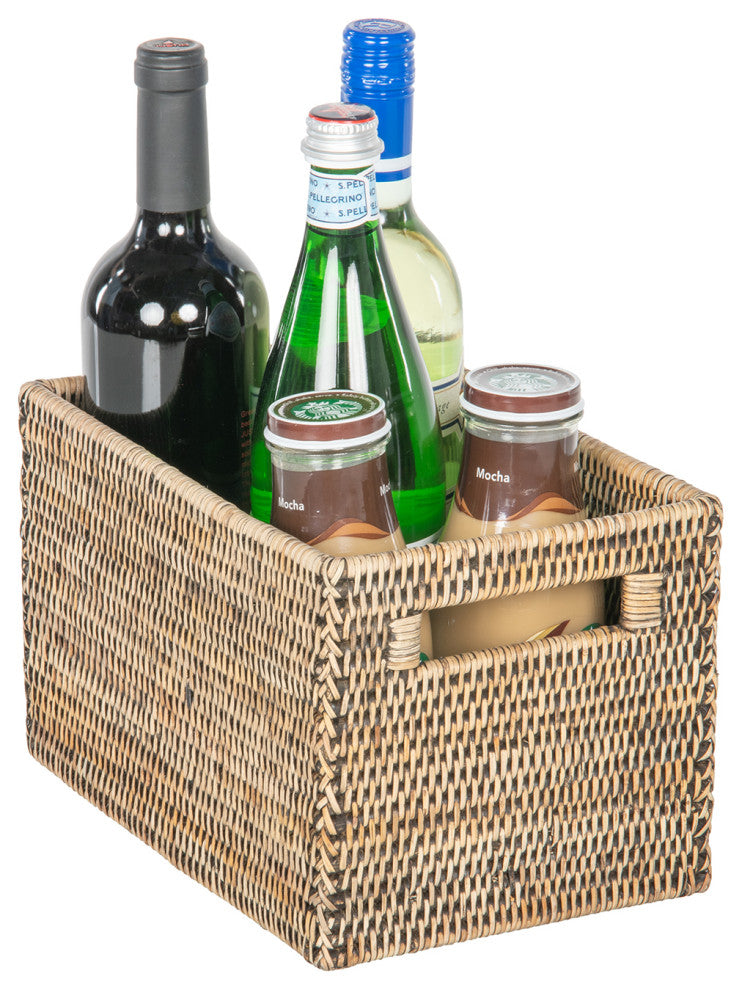 La Jolla Rattan Shelf Basket with Handles, Small, Black-Wash