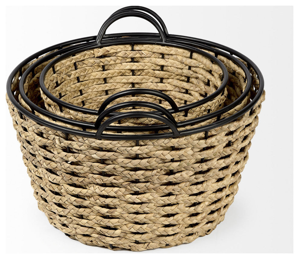 Set of Three Metal and Wicker Storage Baskets