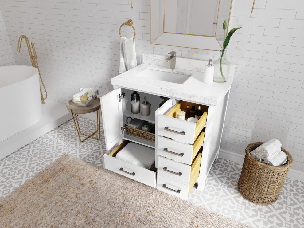 Malibu 36 Left Offset Bath Vanity in White  1.5" Calacatta Laza