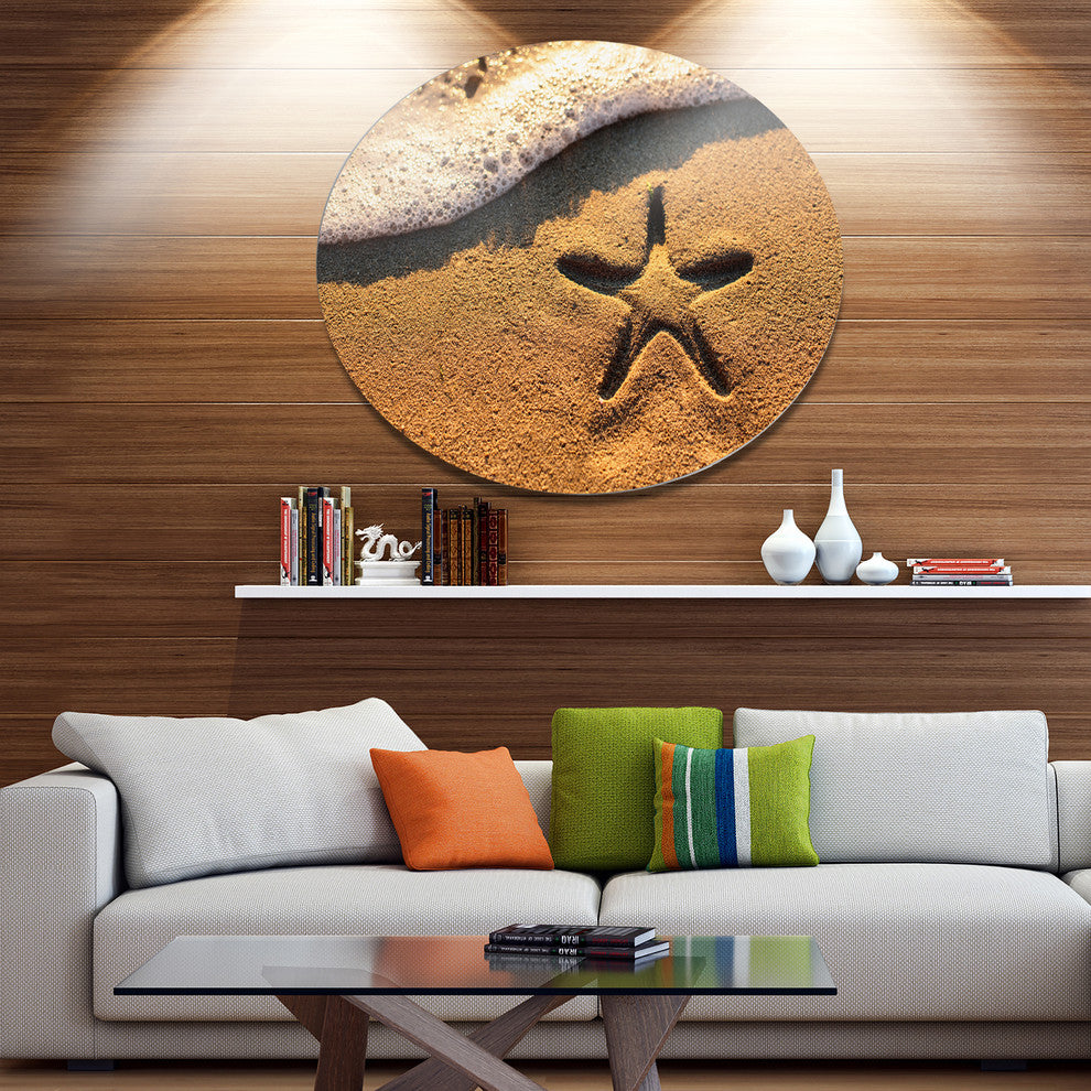 Starfish On Beach With Waves, Beach Disc Metal Artwork, 11"