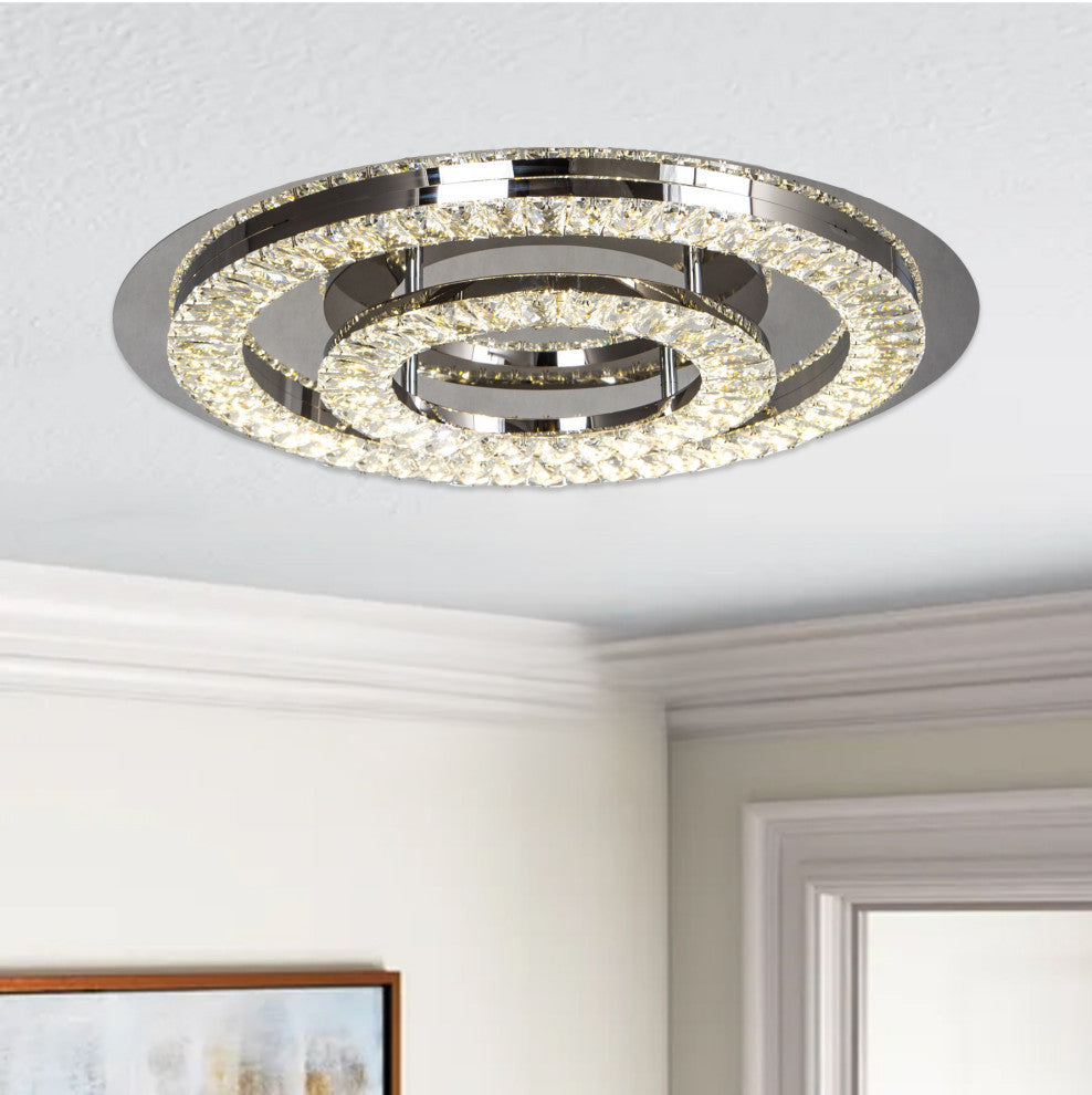 Double Clear Crystal Ring LED Flush Mount, Stainless Steel Frame