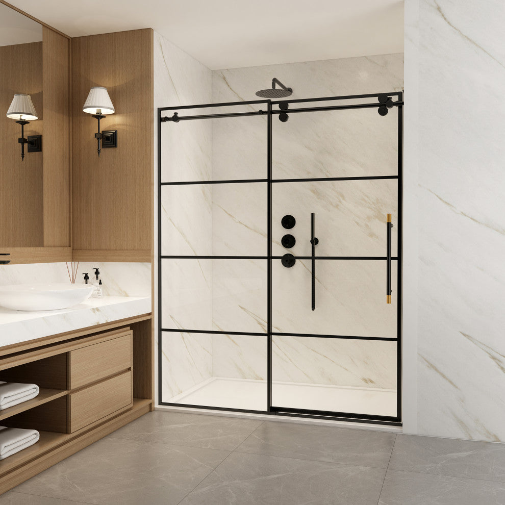 Losar Single Sliding Framed Shower Door, Matte Black, 64" W X 78"h