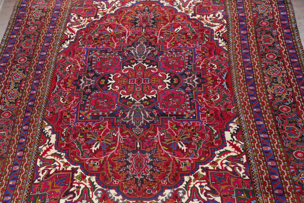 Consigned, Heriz Oriental Hand-Knotted Traditional Persian Area Rug, Red, 10x12