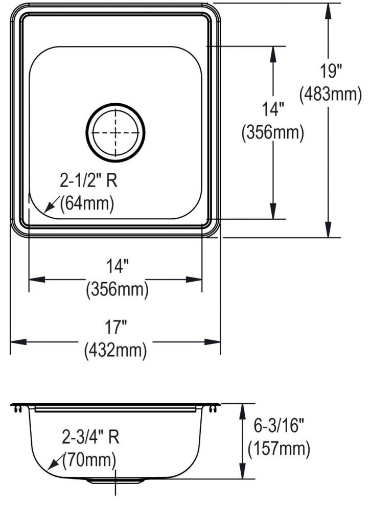 D117192 Dayton Stainless Steel 17" x 19" Drop-in Bar Sink, 2 Holes