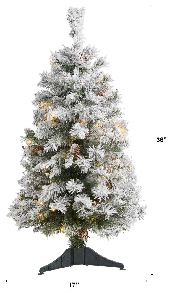 3' Flocked White River Mountain Pine Faux Xmas Tree W/Pinecones & Clear Lights