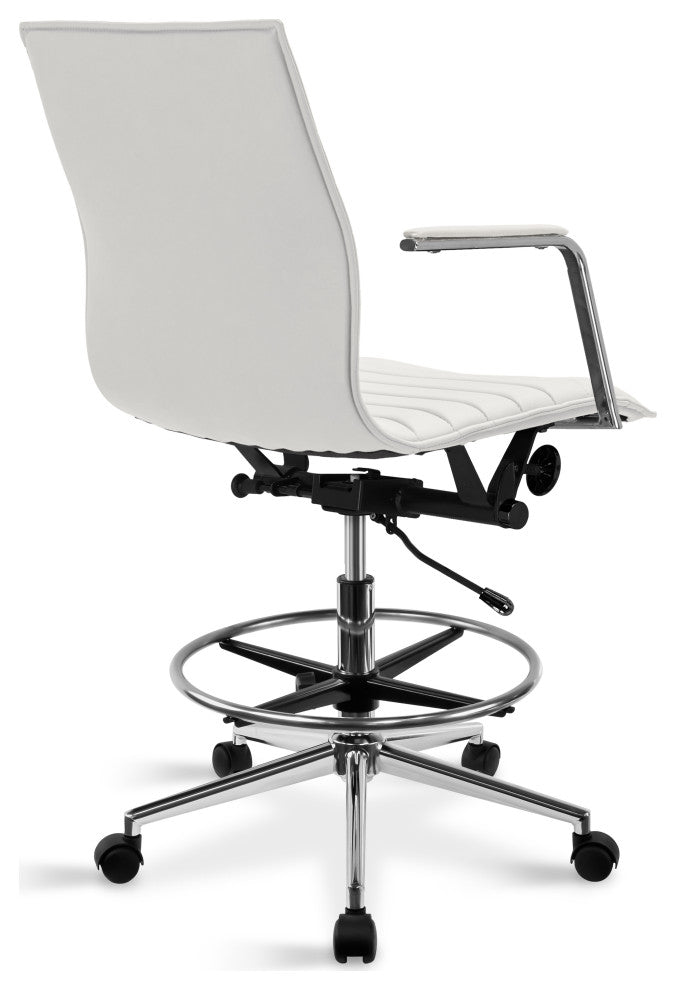 Drafting Chair Upholstered PU Leather Ribbed Mid Back Swivel Armchair, White