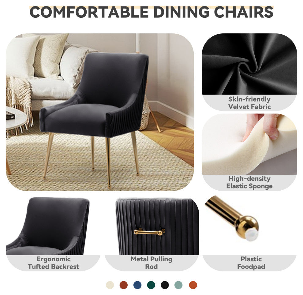 Glam Pleated Velvet Dining Chair Set of 2, Tufted Side Accent Kitchen Chair, Black