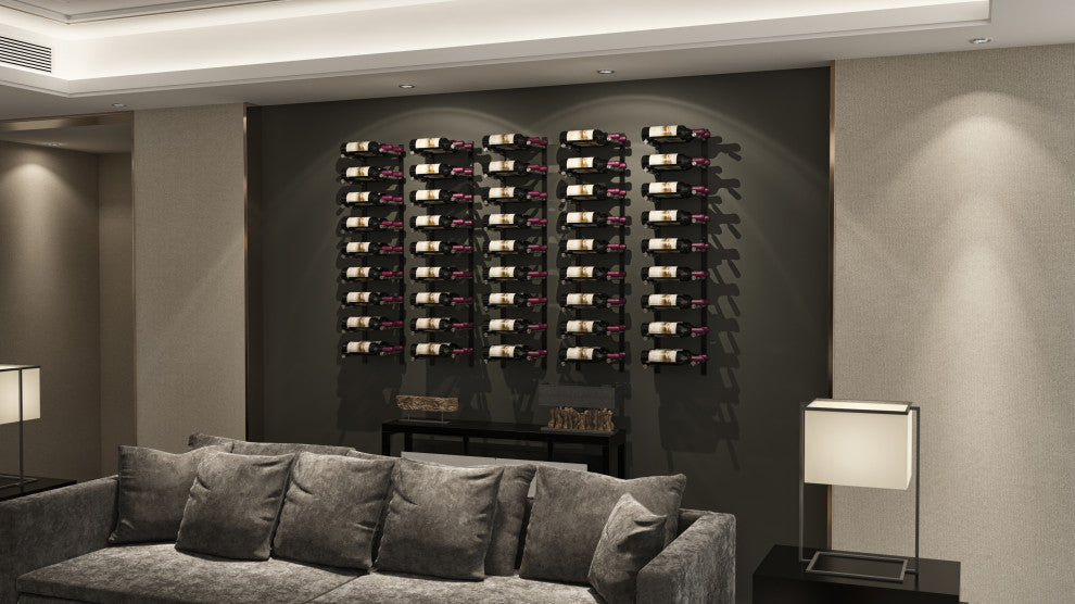 Vino Pins Flex 45 (wall mounted metal wine rack), Matte Black/Aluminum, 27 Bottles