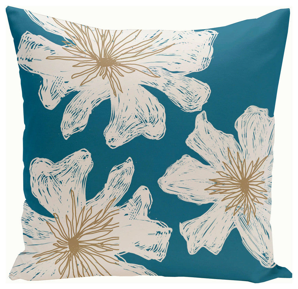 Polyester Pillow, Floral, Blue, White, Brown, 18"X18"