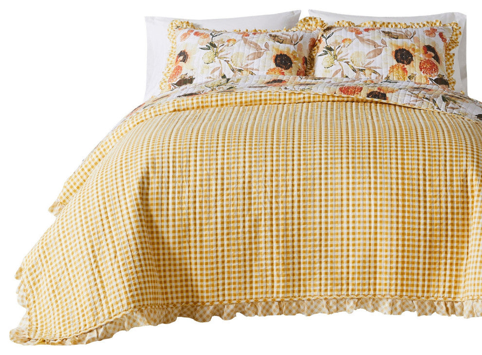 Benzara BM293498 Twin Quilt Set With Pillow Sham, Cotton, Ruffled Border, Gold
