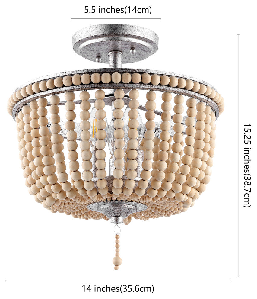 Allie 14" 3-Light Farmhouse Wood Bead/Iron LED Semi Flush Mount, Silver/Taupe