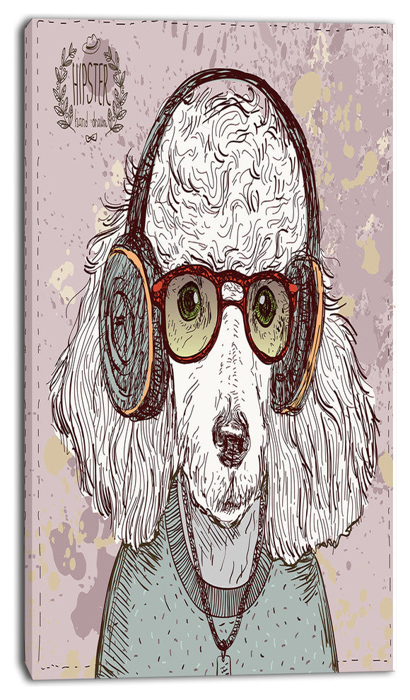 Funny Hipster Poodle with Glasses, Contemporary Animal Art Canvas, 16"x32"