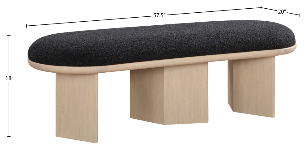 Wilshire Boucle Fabric Upholstered Bench, Black, Natural Oak Finish
