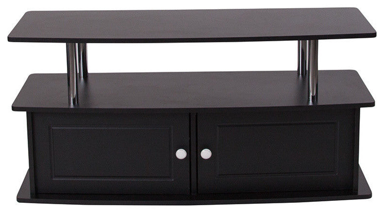 Evanston Black TV Stand With Shelves, Cabinet and Stainless Steel Tubing