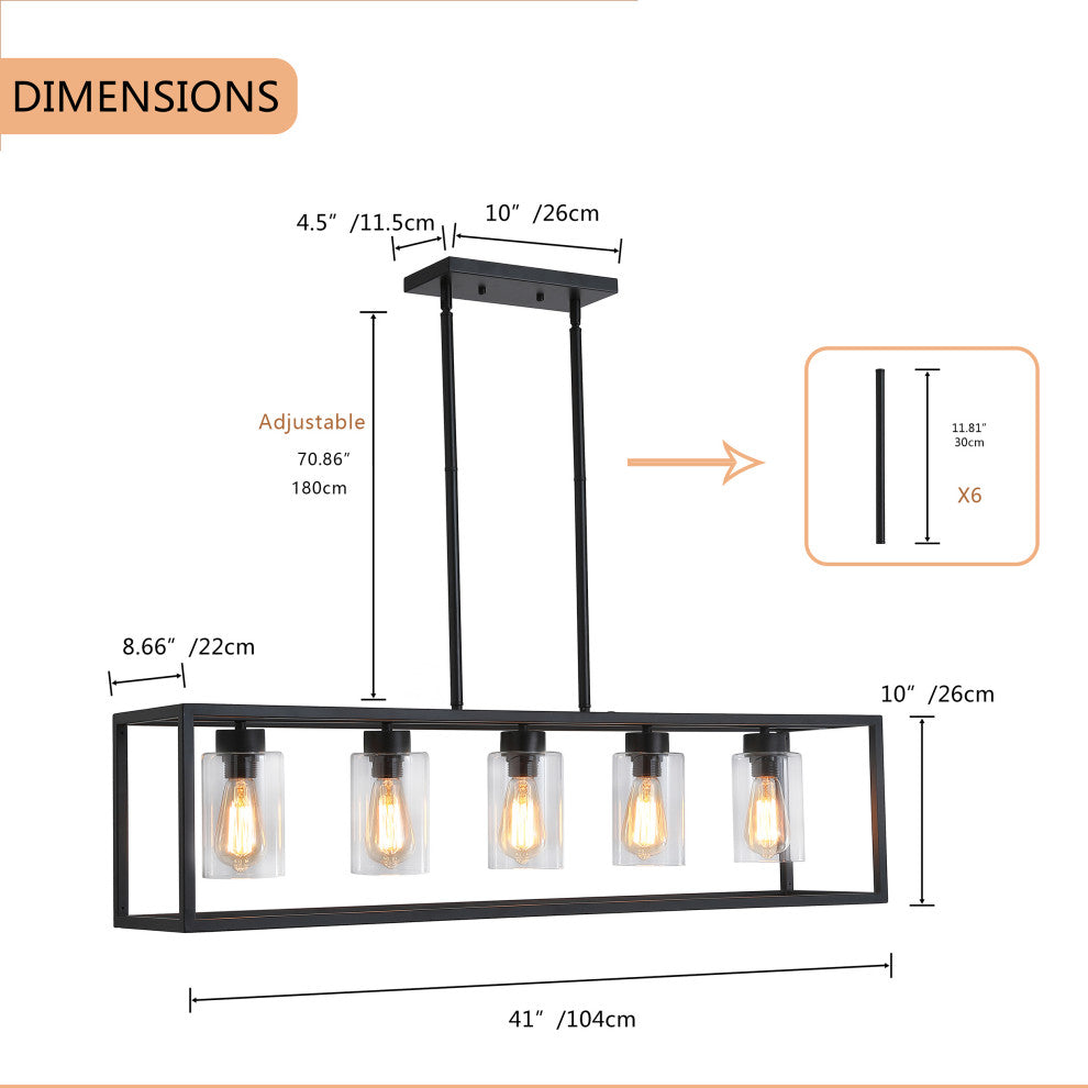 5-light Kitchen Pendant Lighting Industrial Linear Chandelier Matte Black, Black