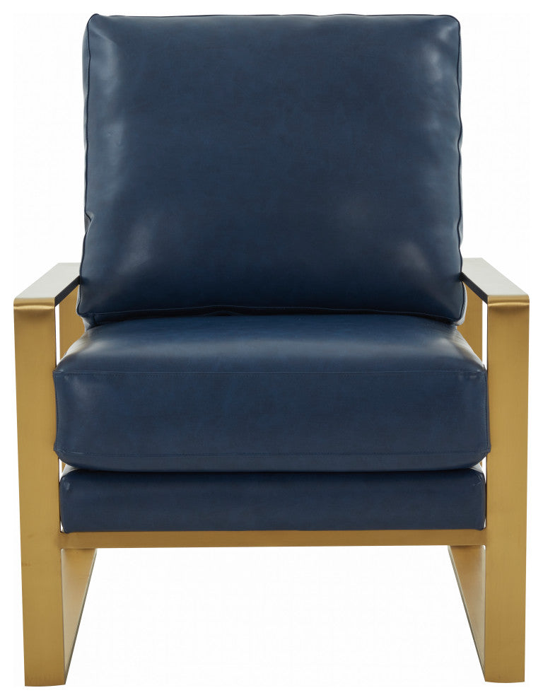 LeisureMod Jefferson Arm Chairs With Gold Frame and Coffee Table, Navy Blue
