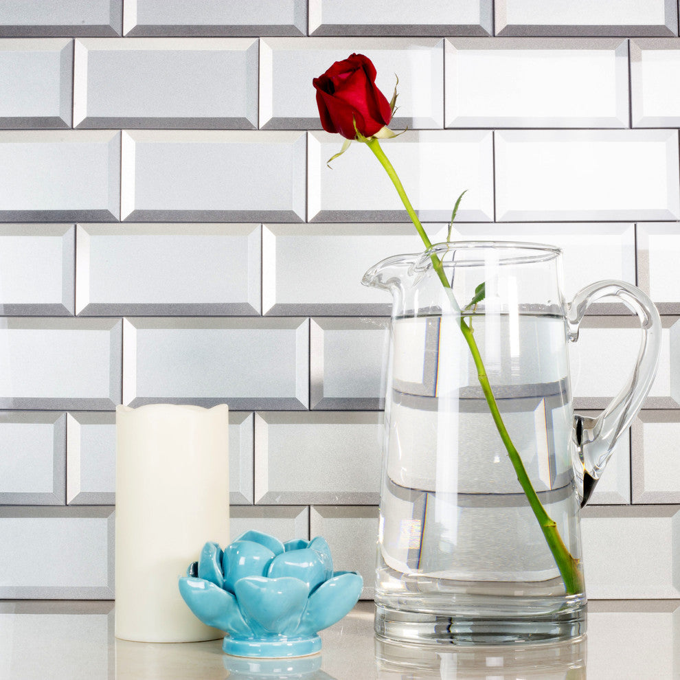 Forever 3"x 6" Bevel Glass Subway Tile,Eternal Silver, Piece