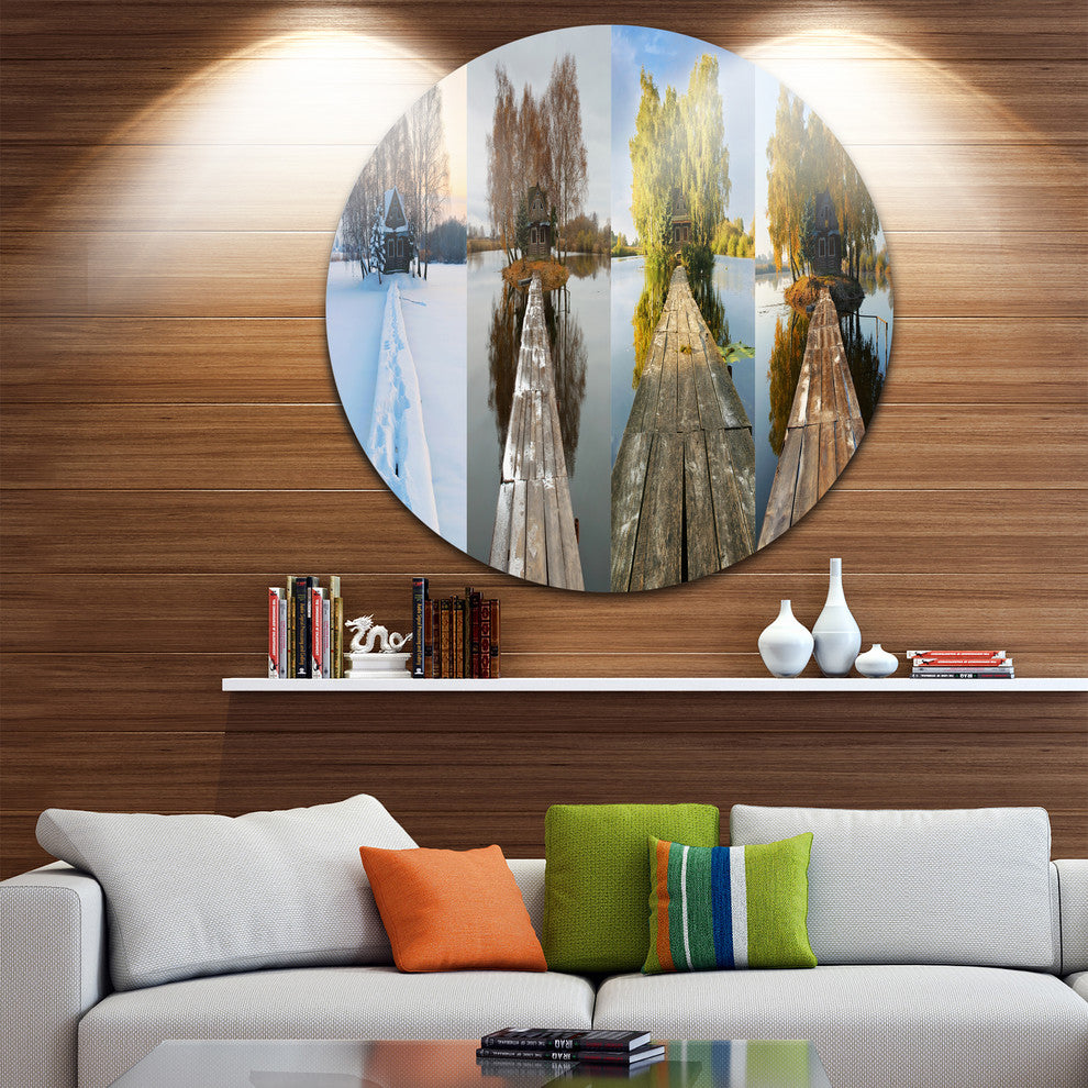 Houses On Small Island Panorama, Seascape Large Disc Metal Artwork, 11"