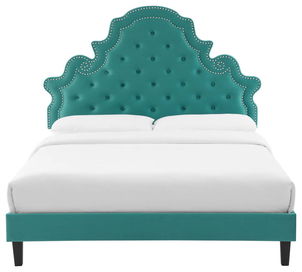 Tufted Platform Bed Frame, Full Size, Velvet, Teal Blue, Modern Contemporary