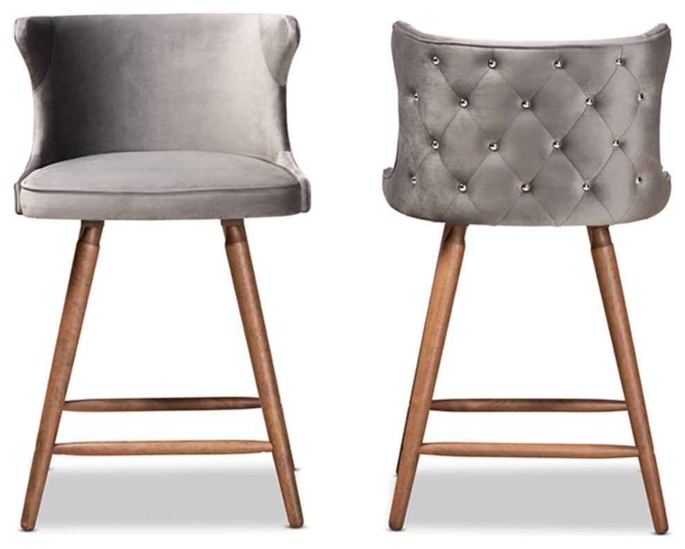 Sagira Gray Velvet Fabric Walnut Brown Finished Wood Counter Stool, Set of 2