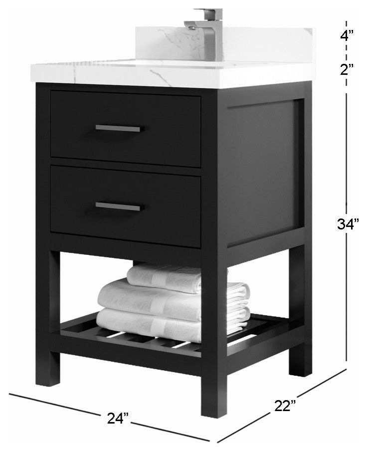 Parker 24" Single Sink Bath Vanity, Black 2" White Quartz