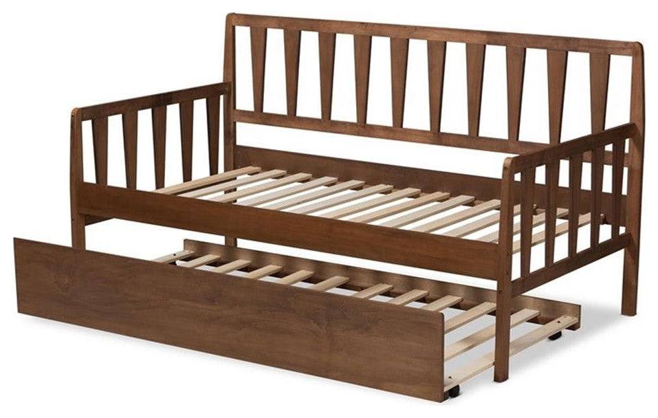 Midori Walnut Brown Wood Twin Size Daybed With Roll, Out Trundle Bed