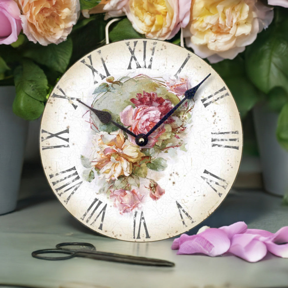Vintage-Style Shabby Roses Clock, 12 Inch Diameter