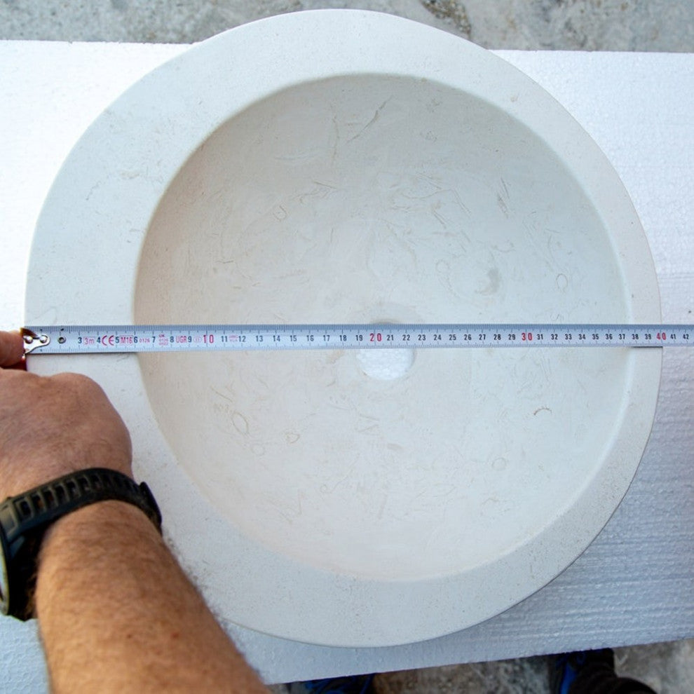 White Fossil Limestone Natural Stone Sloped Rim Vessel Sink (D)16" (H1)8" (H2)6"