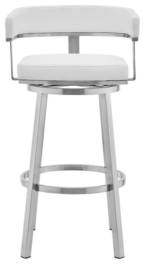 Cohen 26 White Faux Leather and Brushed Stainless Steel Swivel Bar Stool
