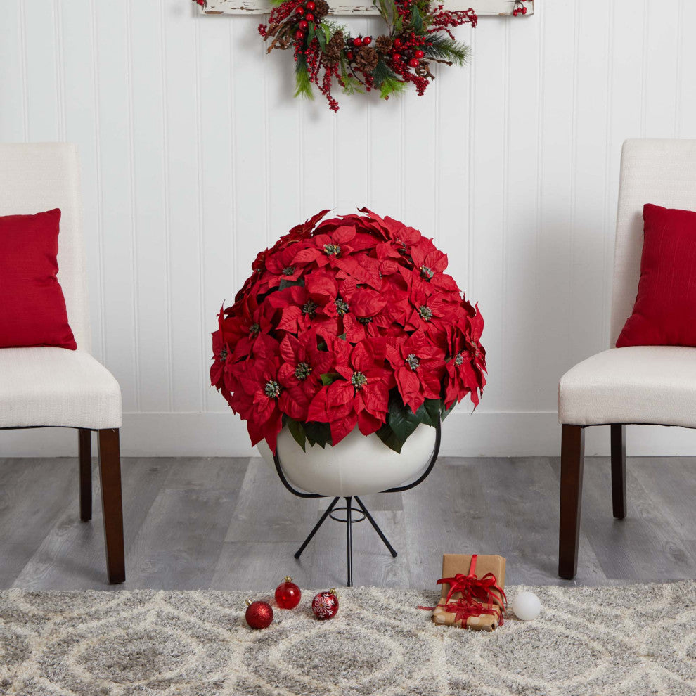 33" Grand Poinsettia Artificial Arrangement, White Vase With Metal Stand