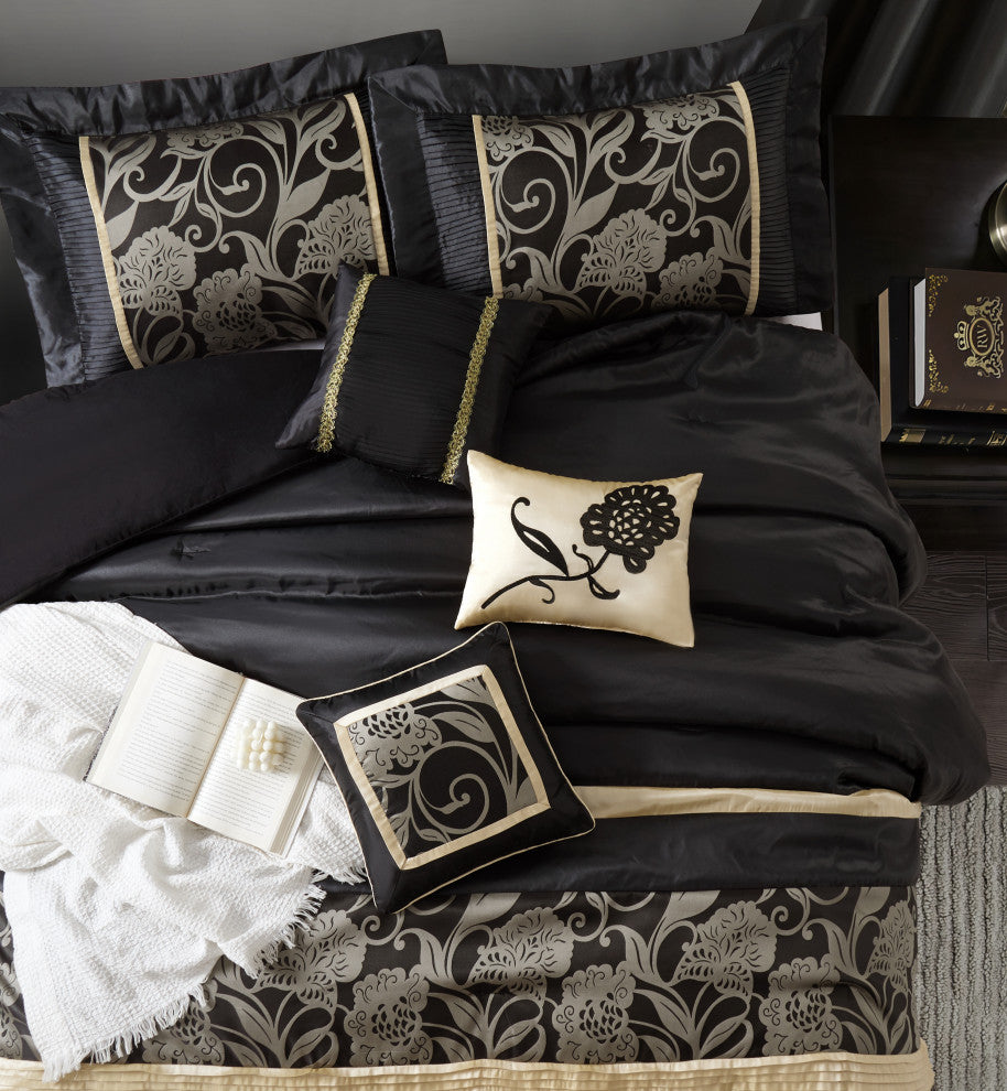 Mollybee 7-Piece Bedding Comforter Set, Black, Full