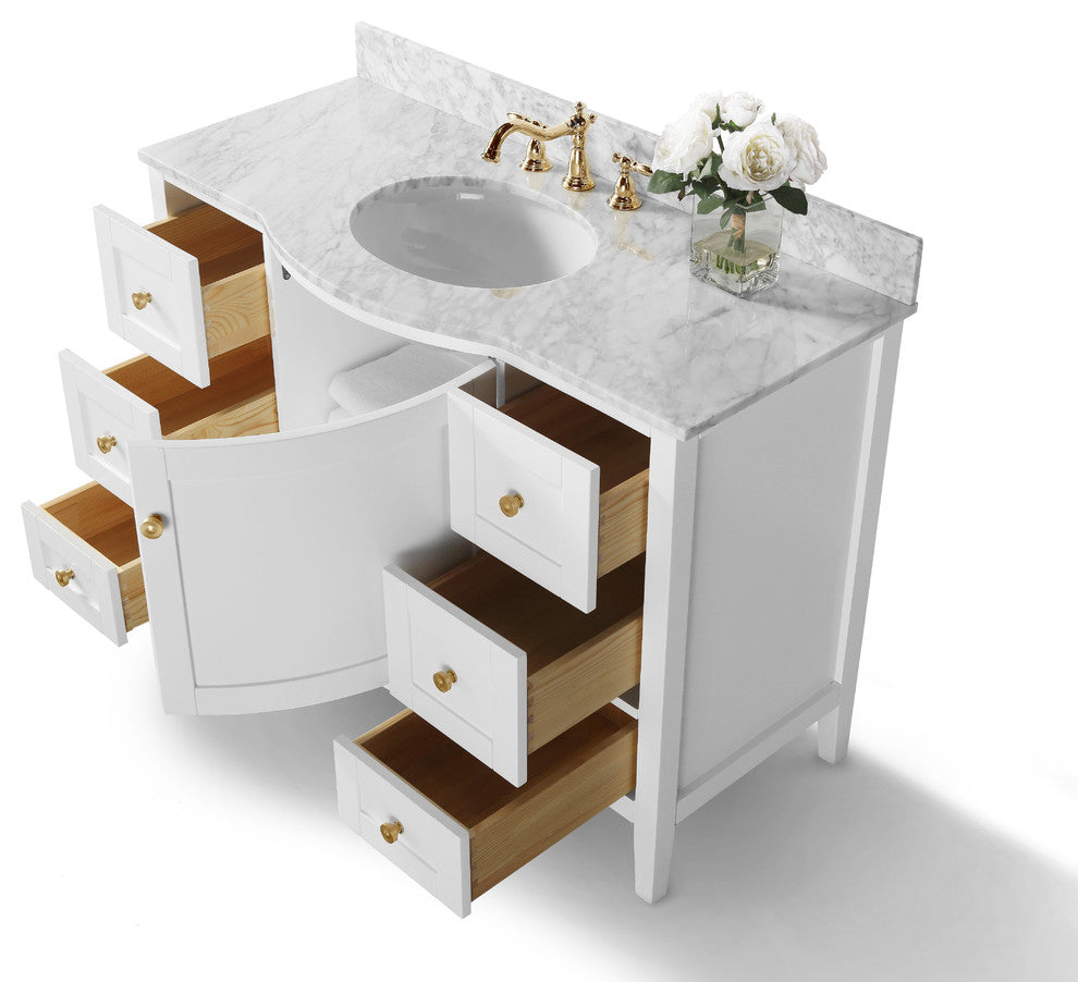 Lauren 48" Vanity Set, White, 48", Gold Hardware, Cararra White Marble Countertop