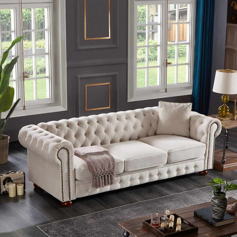 TATEUS linen fabric Chesterfield Large sofa Modern 3 Seater Couch  Beige