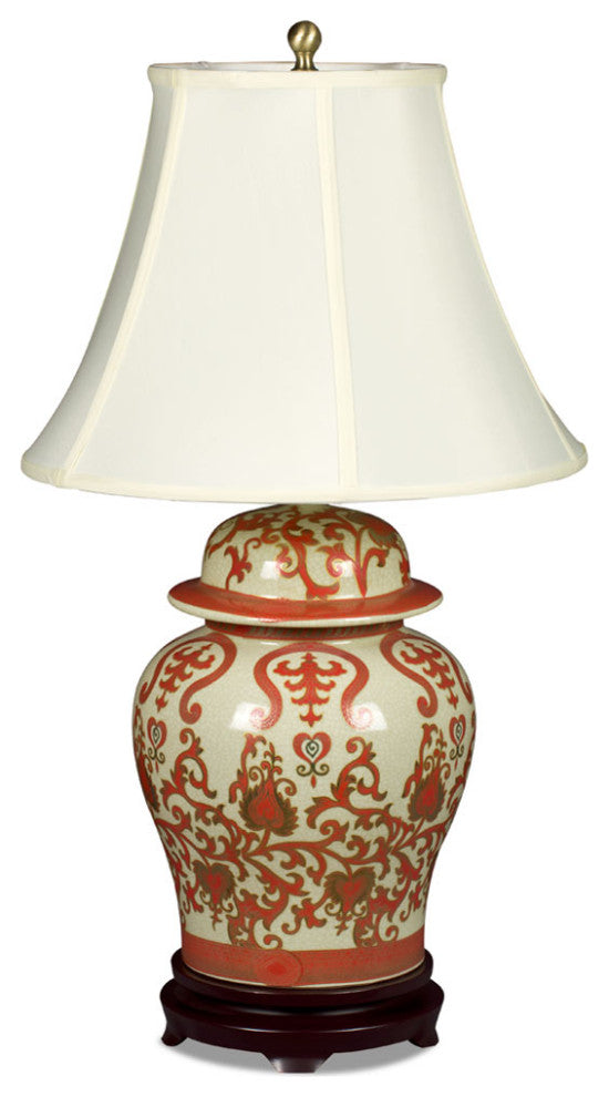 Red and Gold Floral Vine Motif Asian Temple Jar Porcelain Lamp