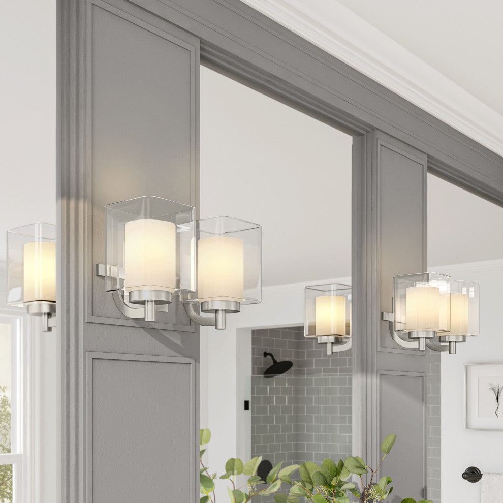 2 Light Modern Double Glass Bathroom Vanity Light in Nickel