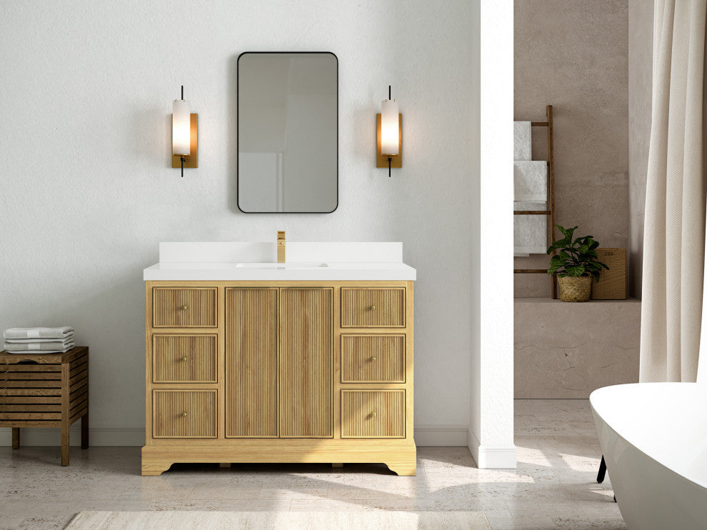Austin 48 Single Sink Bath Vanity in Light Natural Teak 2" White Quartz