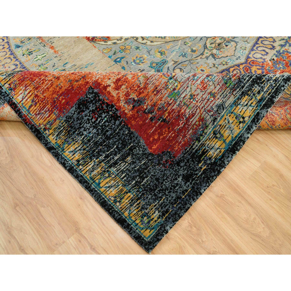 Orange Wool Hand Knotted Ancient Ottoman Erased Design Square Rug 10'2"x10'2"